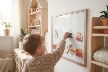Kind spielt mit Bauernhof Magneten an Magnettafel im Kinderzimmer