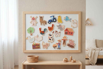 Gerahmte Bauernhof Magnettafel mit Holzmagneten als Kinderzimmer Dekoration