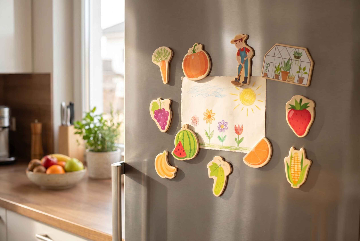 Kühlschrank dekoriert mit bunten Obst- und Gemüse Magneten aus Holz